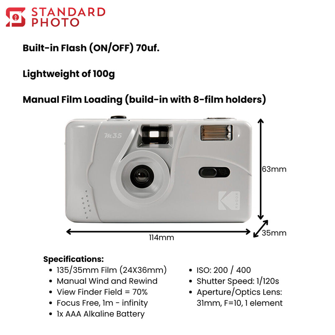 StandardPhoto Kodak M35 Refillable Film Camera Specifications Measurements Dimensions Comparison Lightweight Built In Flash Film Loading Focus Free