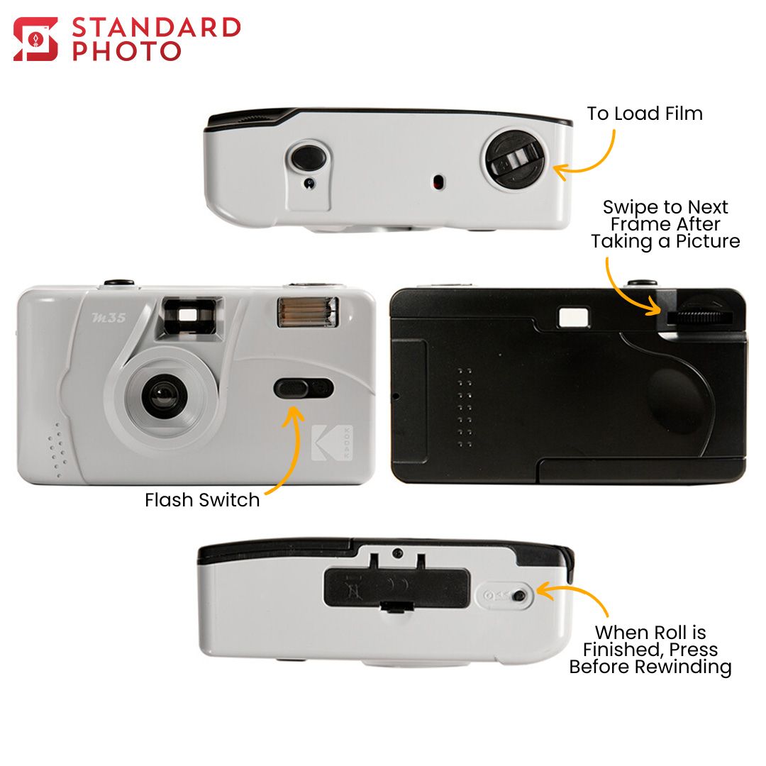 StandardPhoto Kodak M35 Refillable Film Camera Views and Instructions Front Back Top Bottom Views Flash Roll