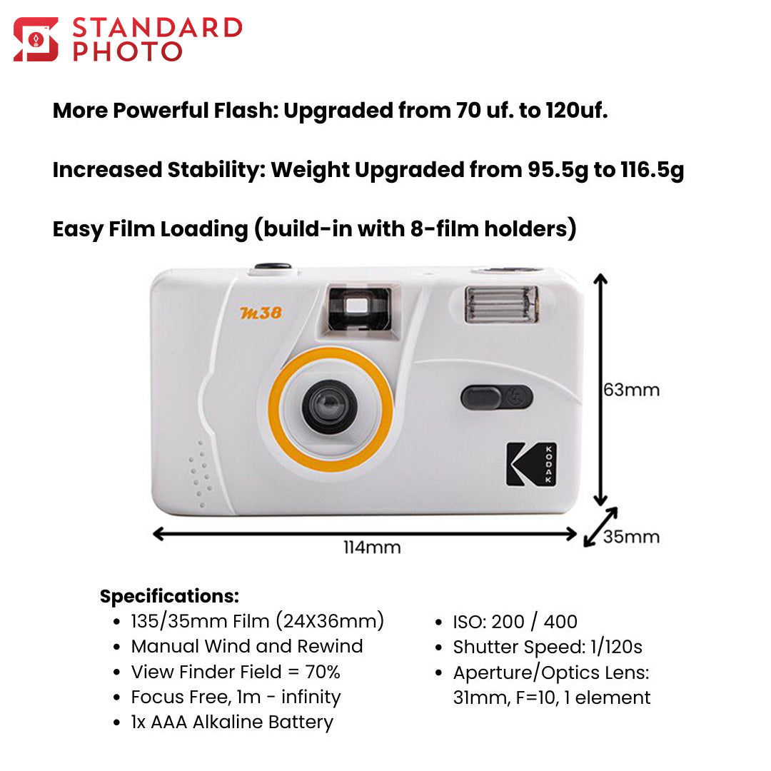 StandardPhoto Kodak M38 Refillable Film Camera Specifications Measurements Dimensions Comparison Lightweight Built In Powerful Flash Film Loading Focus Free Upgrade from M35