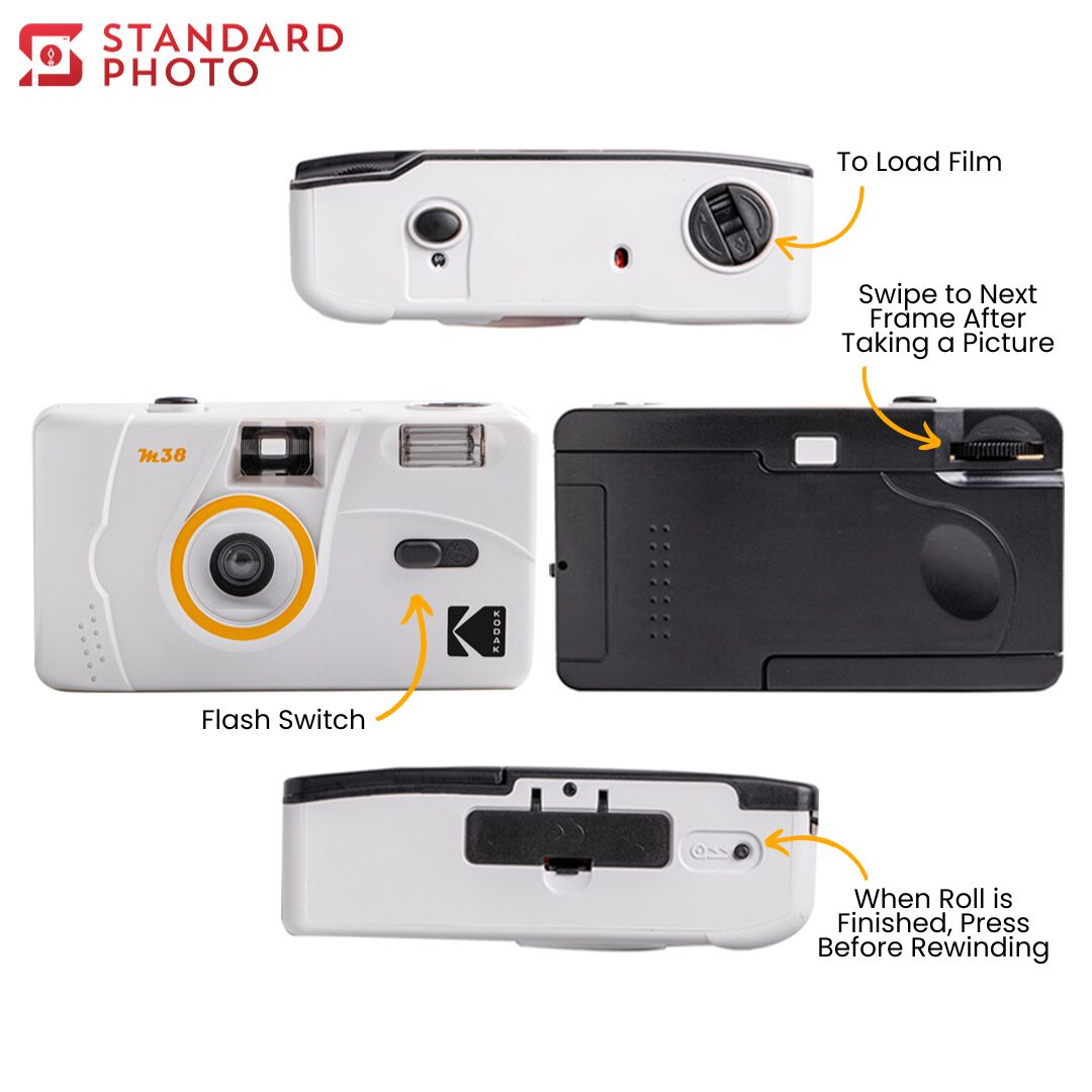 StandardPhoto Kodak M38 Refillable Film Camera Views and Instructions Front Back Top Bottom Views Flash Roll