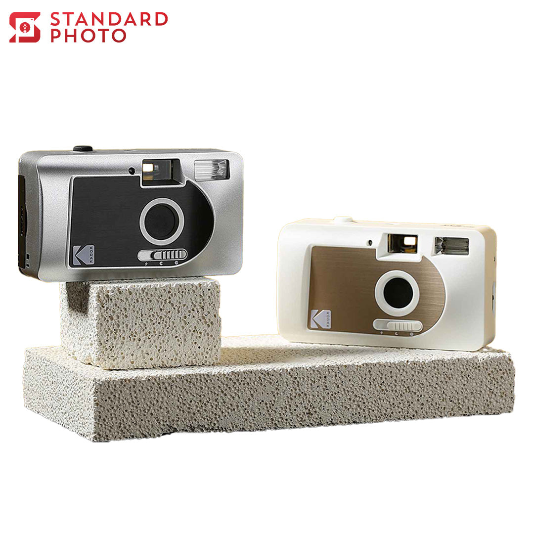 StandardPhoto Kodak S88 Motorised 35mm Film Camera Linen White Silver Black Cover Picture Collage Product Showcase