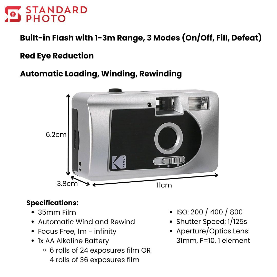StandardPhoto Kodak S88 Motorised 35mm Film Camera Dimensions Measurements Size Specifications Built-in Flash 3 Flash Modes Red Eye Reduction Automatic Loading Winding Rewinding Focus Free