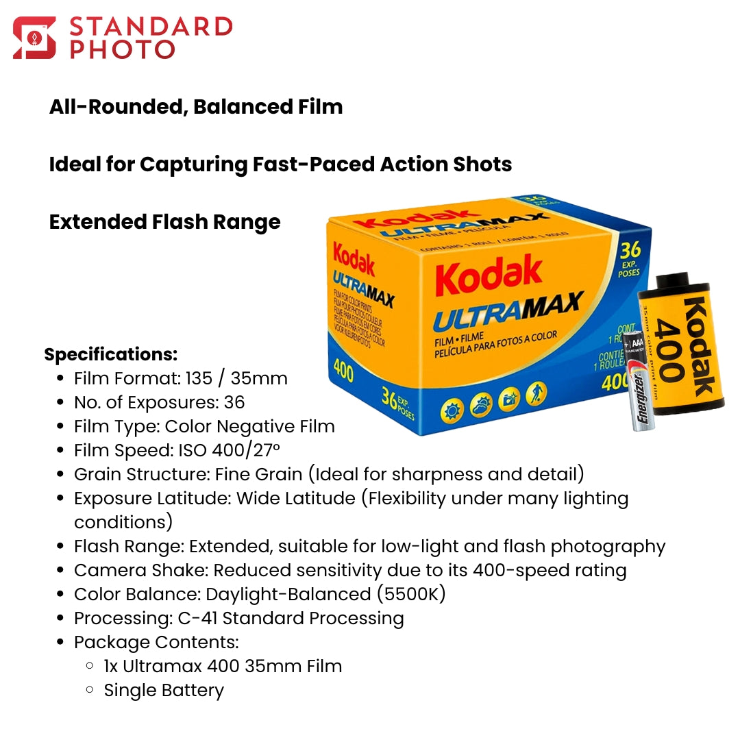 StandardPhoto SP Kodak Ultramax 400 SC 135-36 Battery Add on Specifications Details Triple A Film Roll