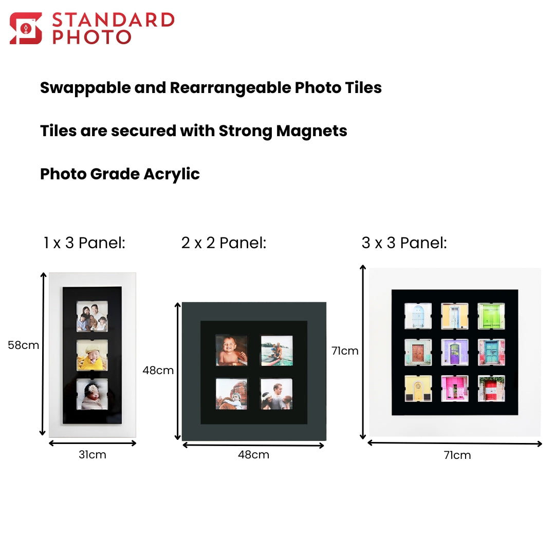 StandardPhoto Premium Photo Grid Panel Dimensions Specifications White Frame Colours Choose Measurements Display Size Frame Size 1x3 2x2 3x3