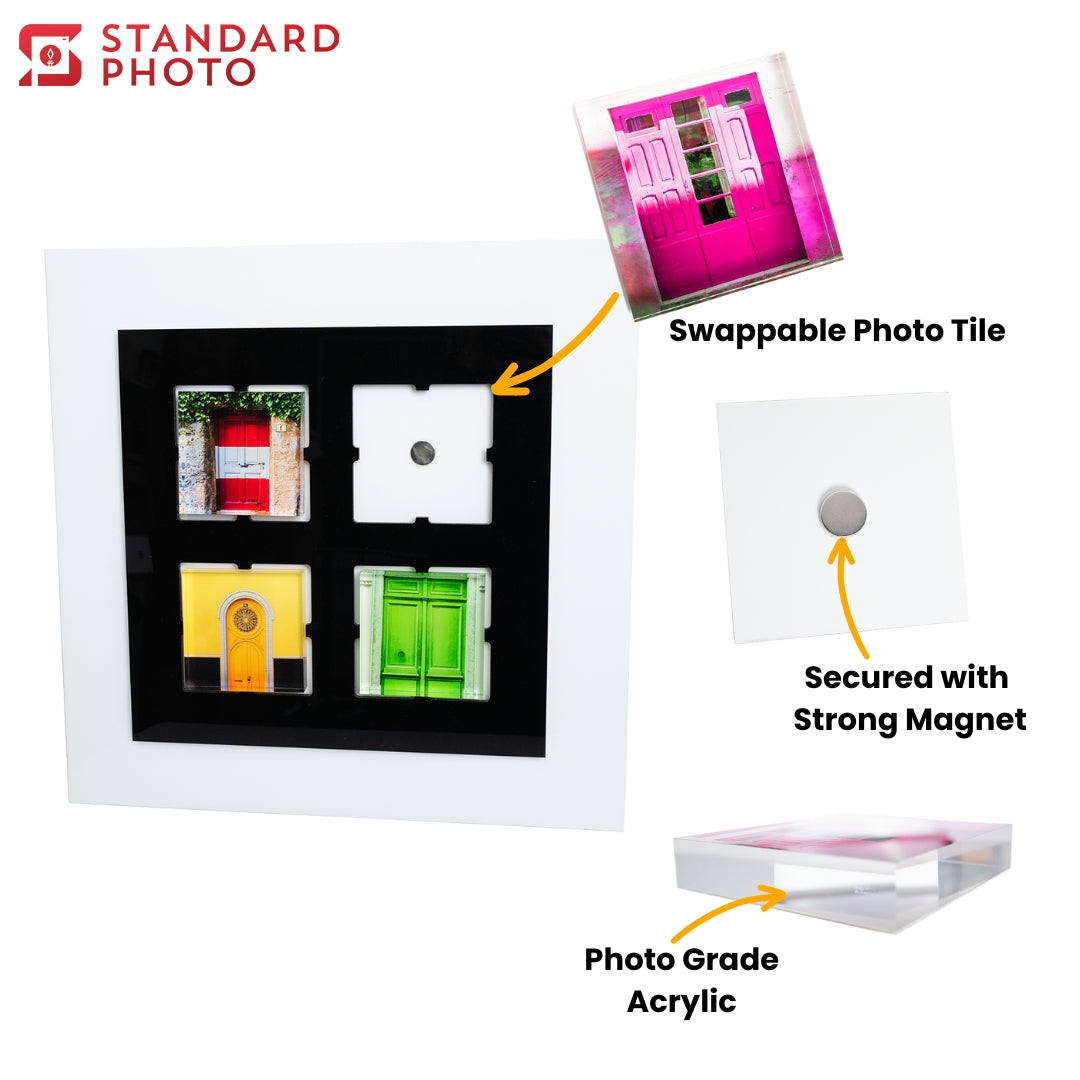 StandardPhoto Premium Photo Grid Panel Swappable Photo Tile Back View Tiles Secure Mounting Strong Magnet Photo Grade Acrylic Tile