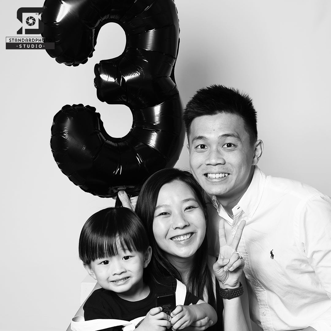 Standard Photo Black & White Studio Family with Kid Birthday 3 Years Old