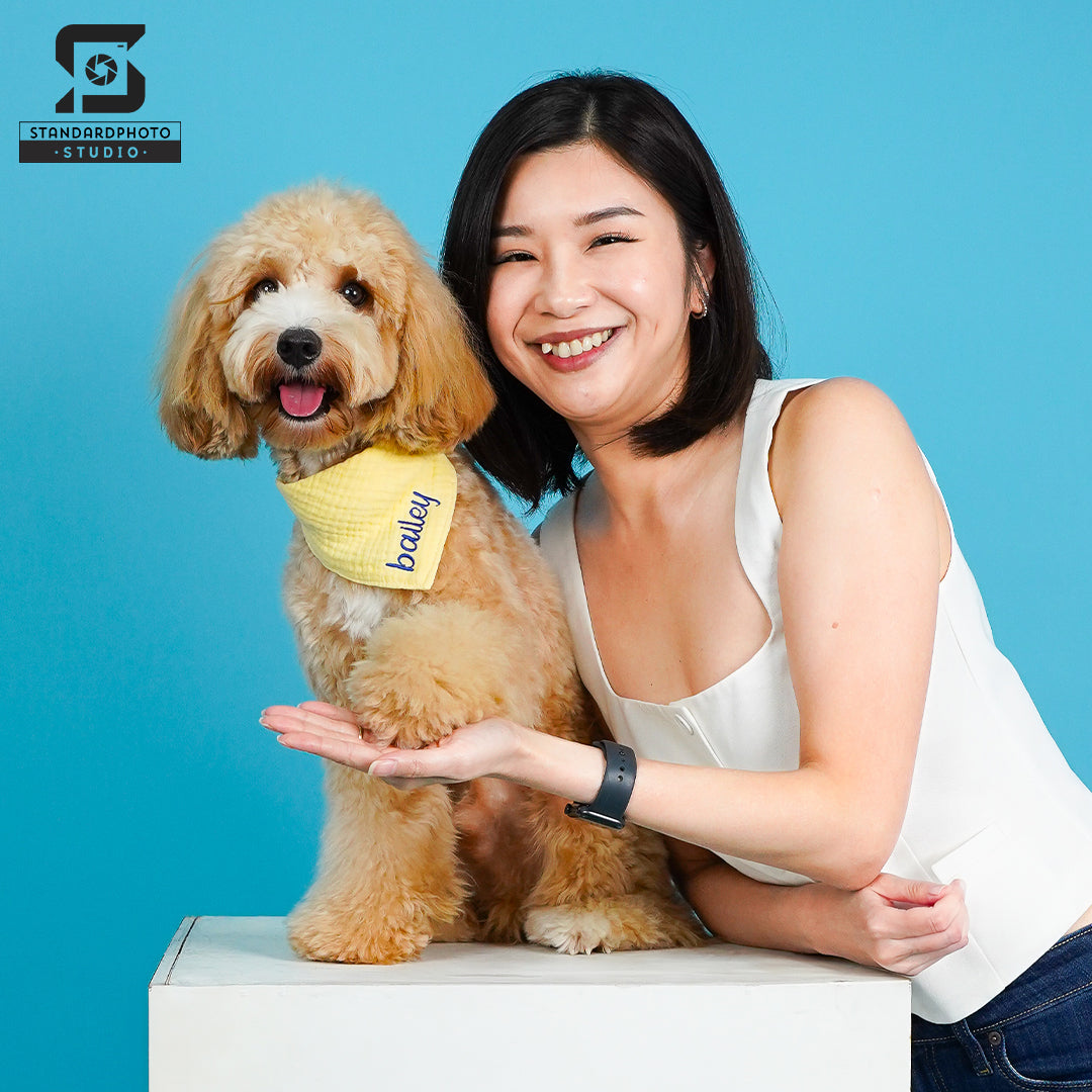 Standard Photo Pet Studio Female with Pet Dog Portrait Blue Background