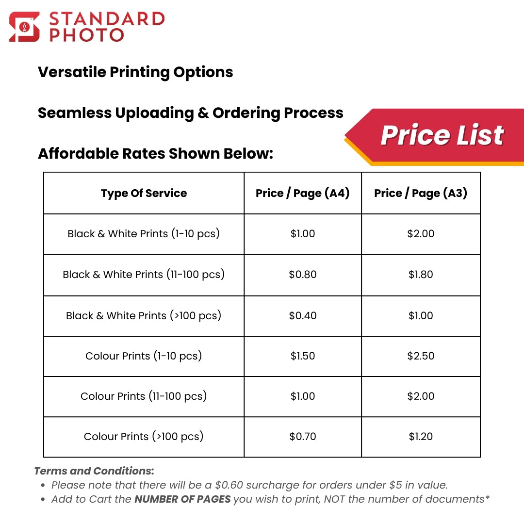 StandardPhoto Document Printing Price List Specifications Sizes Image A4 A4 Prints Color Black and White Bulk Order