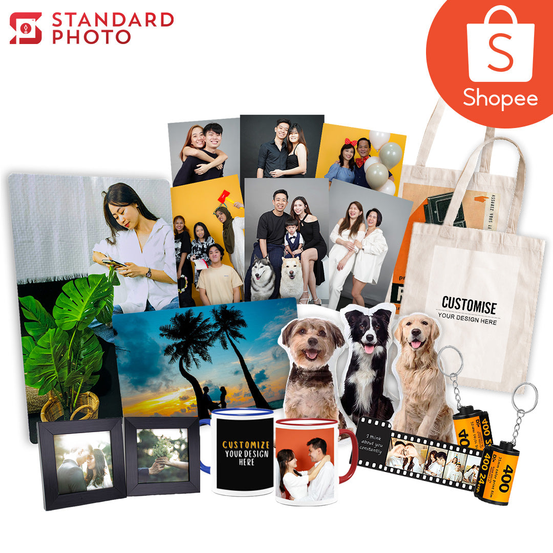 StandardPhoto Shopee Custom Products Cover Picture Customisable Upload Photos Table Top Metal Print 4R 5R Online Photo Print Customisable Tote Bag Pillow Print Motion Print Gift Set Mugs Photo Film Roll Keychain with Text Photo Film Roll Keychain without Text